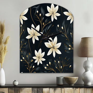 Black & Ivory Elegant Floral Pattern - Asymmetric Metal Wall Clock
